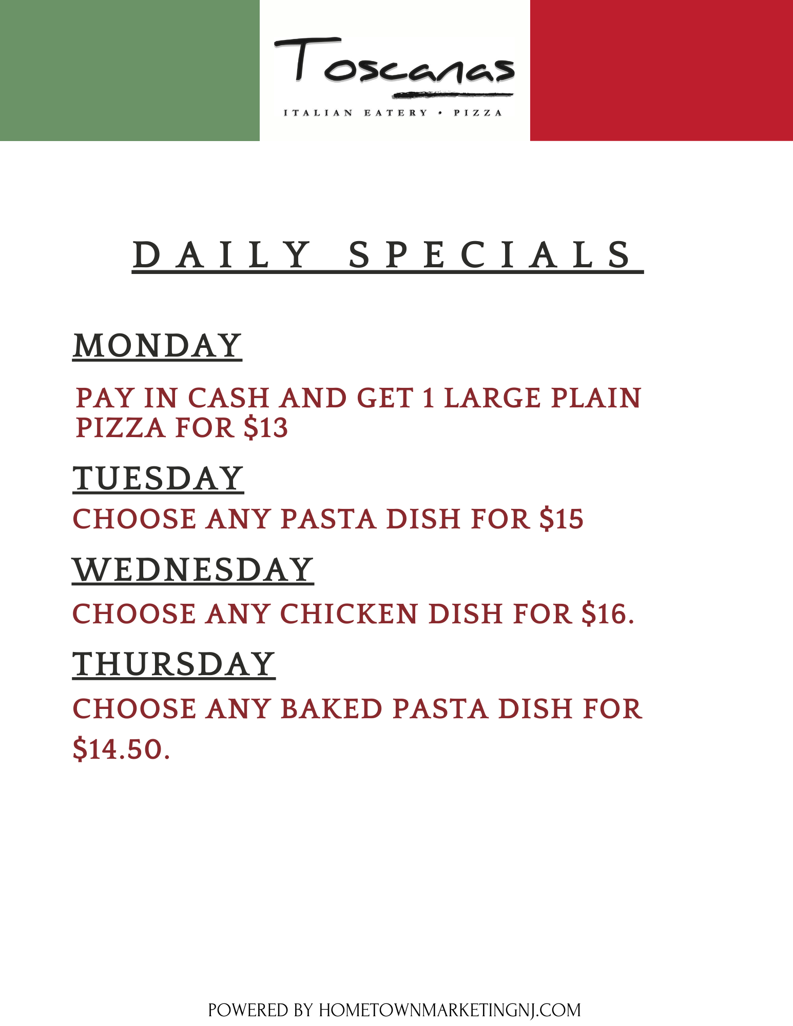 Toscana's  Weekly SPECIALS  4292024